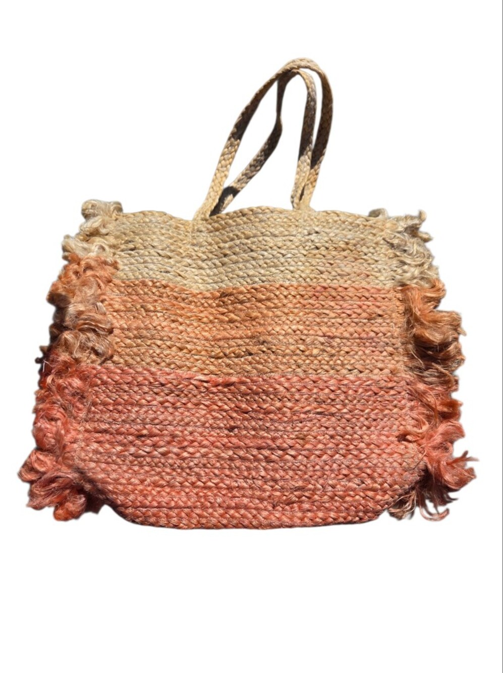 Shiraleah Lucia Tote 100% Jute. Beige, Orange & Coral Ombré Design. Fringe Sides - Picture 2 of 11